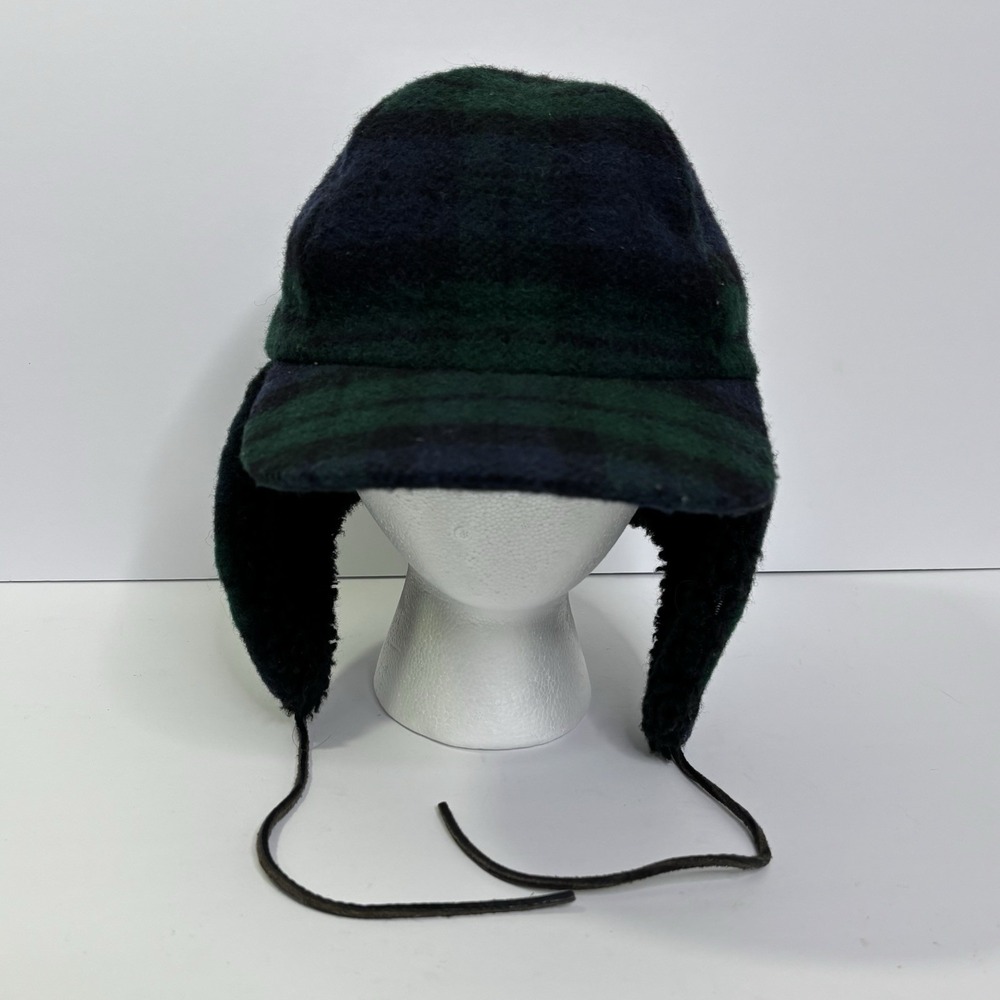 Vintage Eddie Bauer Trapper Hat Size Large Green Navy Tartan Plaid Wool USA